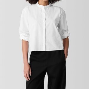 Eileen Fisher White Band Collar Shirt Size M Cotton Button Down Boxy Classic Top